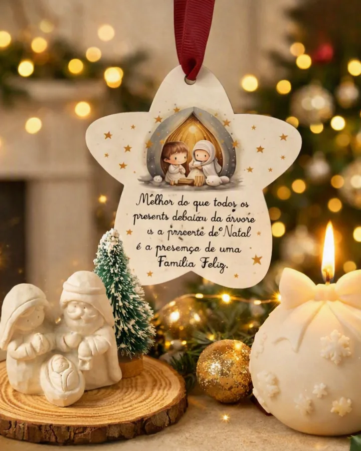 Estrela de Natal em madeira branca, pendurada por fita vermelha, com um presépio pintado e uma frase sobre a família. Em baixo, um mini presépio em gesso sobre uma fatia de tronco, um pinheiro nevado, uma bola dourada e uma vela acesa em forma de bola com laço.