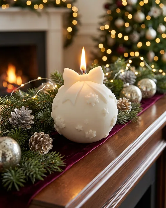 Vela acesa em forma de bola de Natal, cera creme, com laço e flocos em relevo, pousada numa consola entre pinhas e ramos de pinheiro.